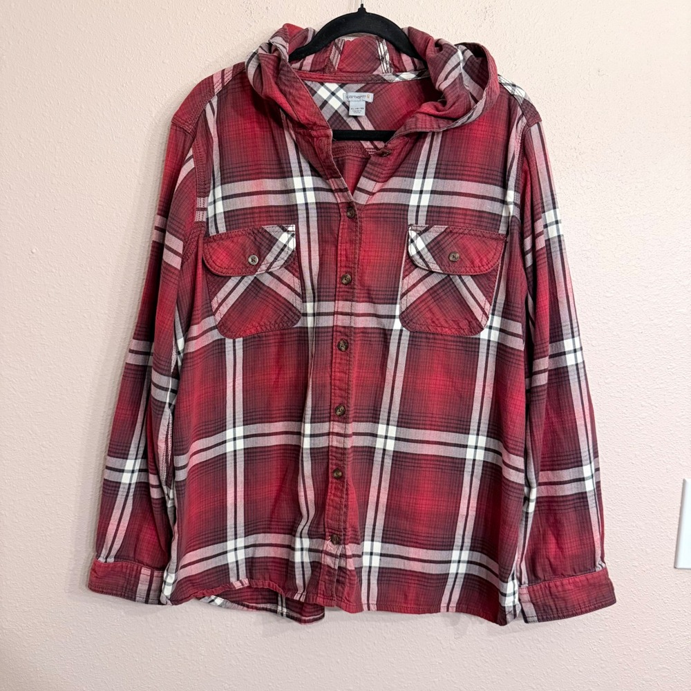 Carhartt Womens XL Red White Plaid Hooded Flannel Shirt 102783 608 Cotton